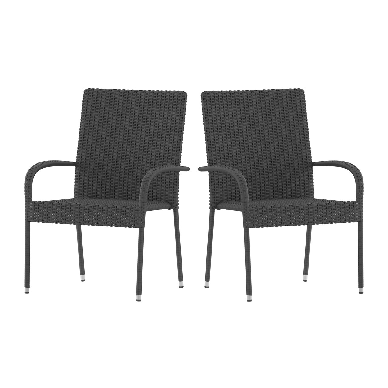 Merrick Lane Set of Mathias Indoor/Outdoor Black Wicker Patio Chairs with Powder Coated Steel Frame, Comfortably Curved Back and Arms